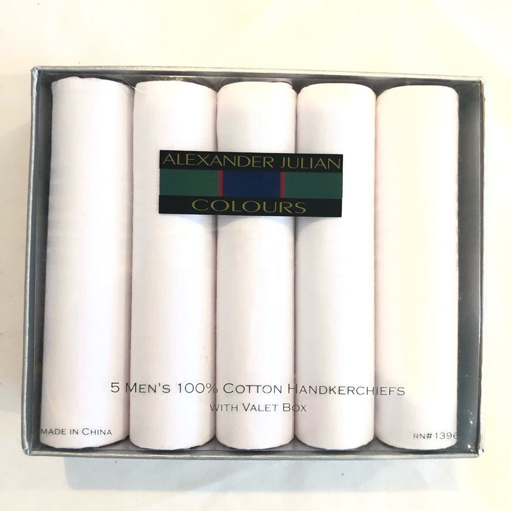 Men's White Handkerchiefs Alexander Julian Colours Set of 5 in Silver Gift Box
